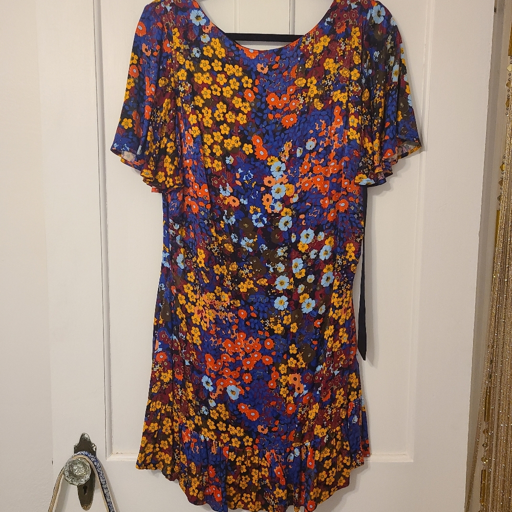 Anthropologie Blue Floral Short Dress with Orange & Yellow Accents